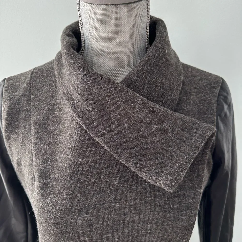 Fabletics Milano Coat Grey Black Faux Leather Sleeve Wrap Jacket size Small - Picture 10 of 10